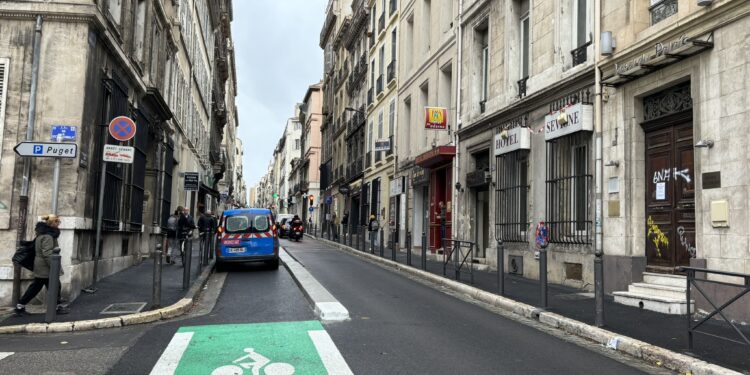 La piste cyclable de la rue Breteuil, régulièrement occupée par des véhicules de livraisons ou d'intervention (crédit Gomet')