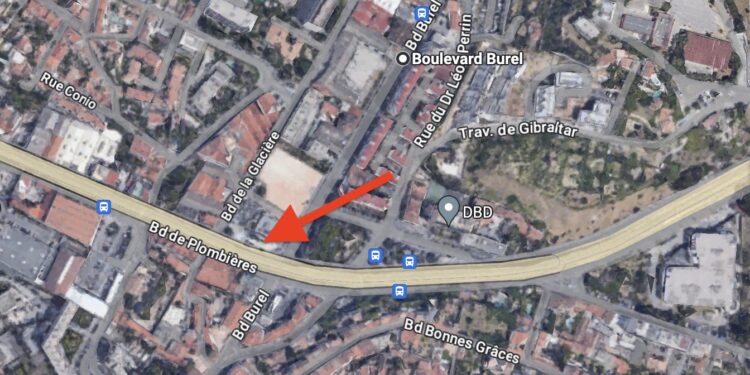 Le boulevard Plombières avec la localisation de la coupure de circulation. Source : Google Map/Gomet'