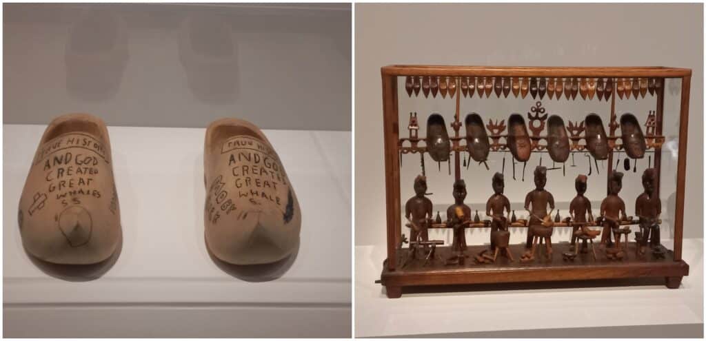 Les sabots de Basquiat (1988) côtoient le chef d'œuvre d'un sabotier (1875-1900) au Mucem ©DV