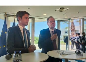 Le Premier ministre Gabriel Attal et le président de la région Sud, délégué local de Renaissance, Renaud Muselier, à Marseille ce vendredi 21 juin (crédit : JRG / Gomet')