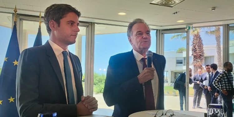 Le Premier ministre Gabriel Attal et le président de la région Sud, délégué local de Renaissance, Renaud Muselier, à Marseille ce vendredi 21 juin (crédit : JRG / Gomet')