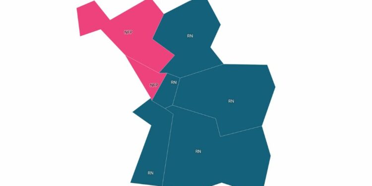 Le Rassemblement national remporte cinq circonscriptions sur sept à Marseille. Les députés sortants de la majorité présidentielle se retirent (crédit : Gomet' via Datawrapper)