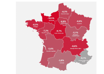 Evolution sur un an de l'emploi intérimaire dans les différentes régions de métropole Crédit Prism emploi