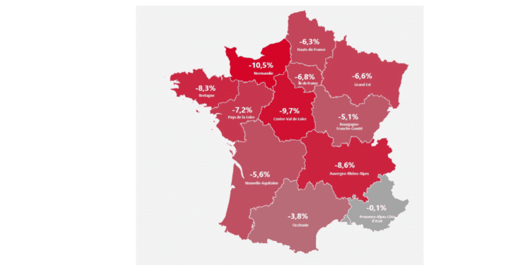 Evolution sur un an de l'emploi intérimaire dans les différentes régions de métropole Crédit Prism emploi