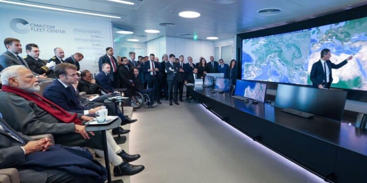 Narendra Modi et Emmanuel Macron ont évoqué le corridor Imec depui le fleet-center de CMA-CGM (crédit DR via @Narendramodi sur X)