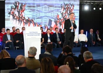 Le président du comité d'organisation des JO d'hiver 2030 Edgar Grospiron lors de la conférence de presse suivant l'assemblée générale constitutive du Cojop, mardi 18 février (crédit : ©CNOSF/KMSP)