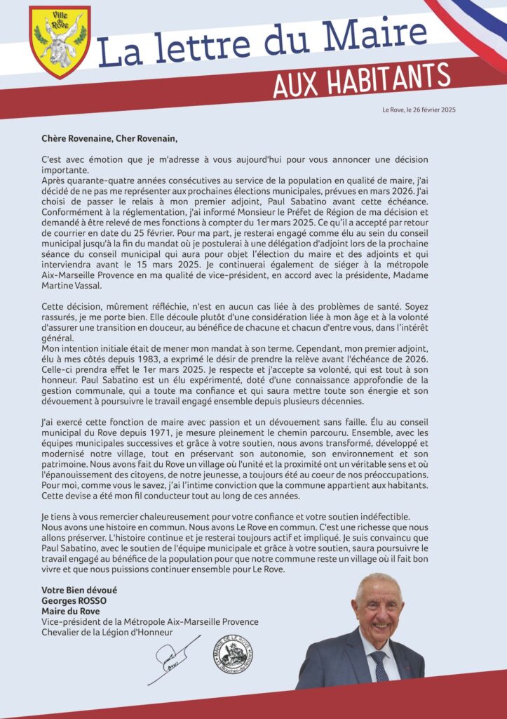 Lettre de Georges Rosso aux habitants du Rove