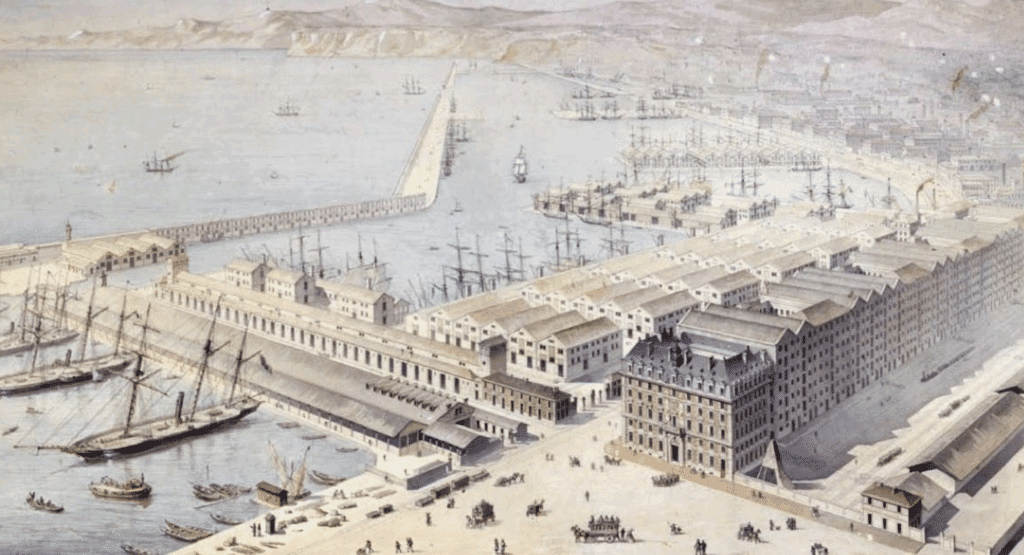Vue du dock-entrepôt de la compagnie fondée par Paulin Talabot, gravée par Desplaces et Bouchaud 1864 Délivré par Ville de Marseille MHM 93.1.2
