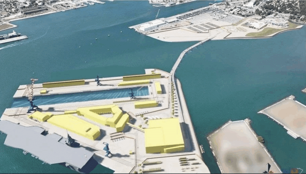 « Programme d’Infrastructure du Porte-Avions de Nouvelle Génération » Première esquisse des futures infrastructures d’accueil du Porte-avions nouvelle génération. Début en 2026, de la construction, entre les appontements Milhaud et Brégaillon (Crédit Ministère des Armées / SID)