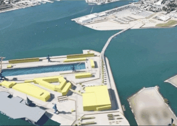 « Programme d’Infrastructure du Porte-Avions de Nouvelle Génération » Première esquisse des futures infrastructures d’accueil du Porte-avions nouvelle génération. Début en 2026, de la construction, entre les appontements Milhaud et Brégaillon (Crédit Ministère des Armées / SID)