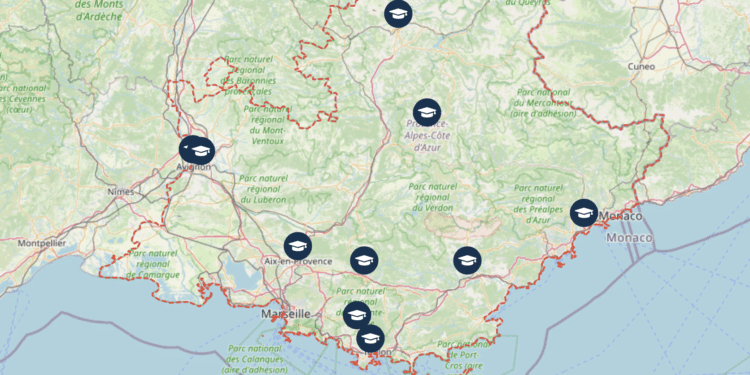 Les centres de formation de la CMAR dans la région sud (Crédit capture cmar-paca.fr)