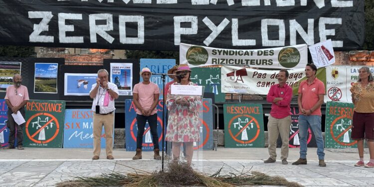 Des agriculteurs lentes aux poignets témoignent lors du rassemblement anti THT le 19 septembre 2026 à Arles (Crédit Gomet')