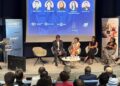 Karine Lienhard le 2 septembre 2026 témoigne lors de la conférence de révélation du baromètre régional des levées de fonds (Crédit Gomet'/MSG)